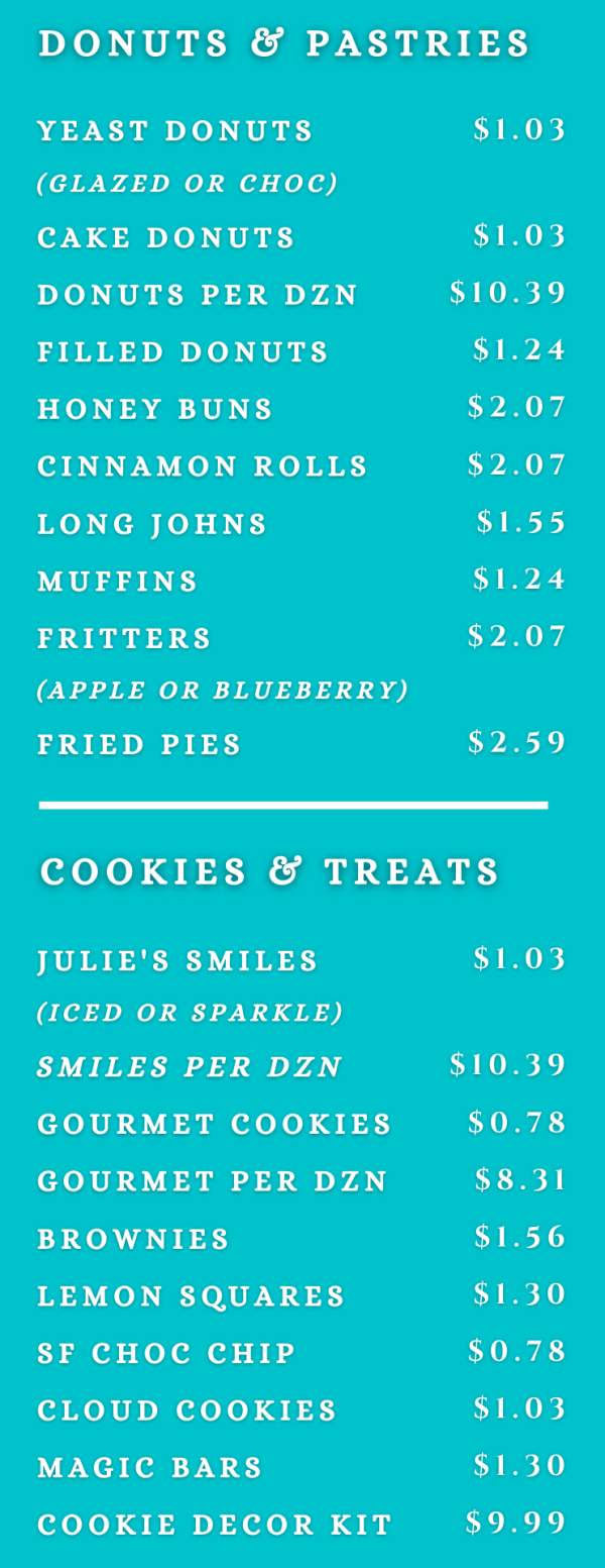 Page 1 of menu, Julie's Sweet Shoppe Conway, AR