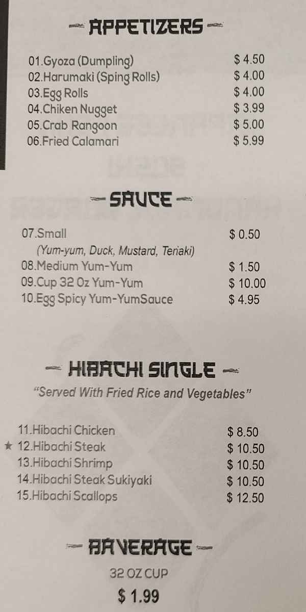 Page 1 of menu, Kotaro Hibachi Express Conway, AR
