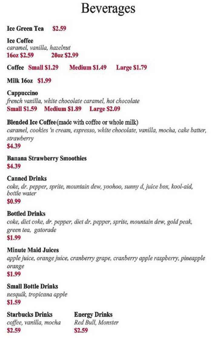 Beverage menu, Love’s Donuts & Gourmet Sandwiches Conway, AR