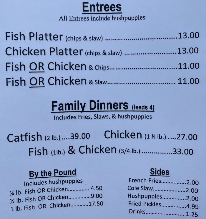 Page 1 of menu, Mackey's Catfish Conway, AR