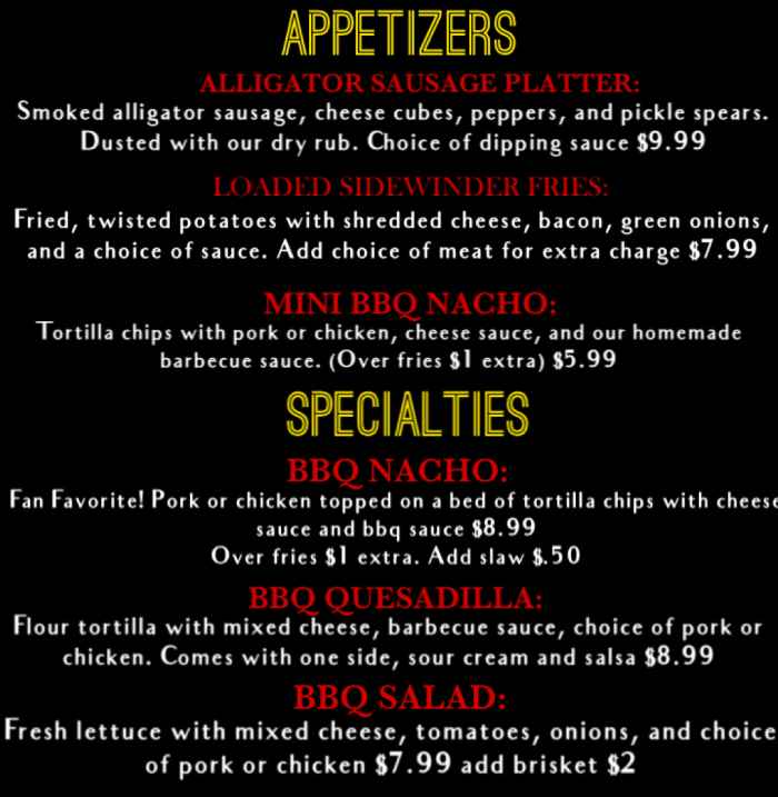 Page 1 of menu, Road Hog BBQ Conway, AR