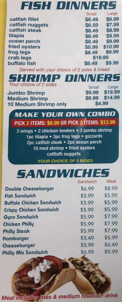 Page 1 of menu, Shark's Fish & Chicken in Conway, AR