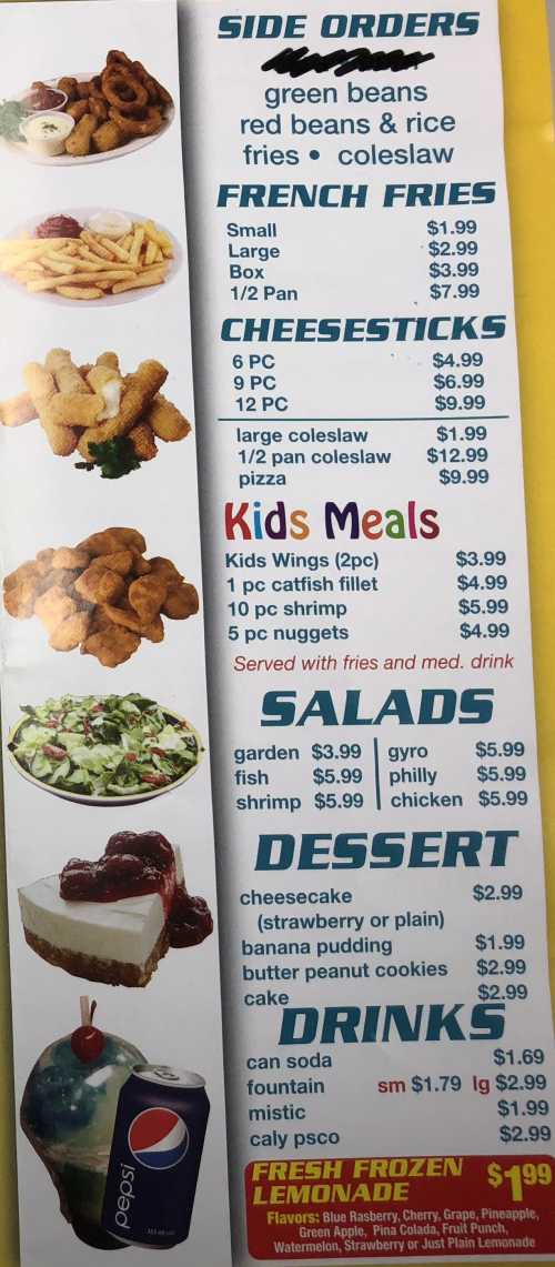 Page 3 of menu, Shark's Fish & Chicken in Conway, AR