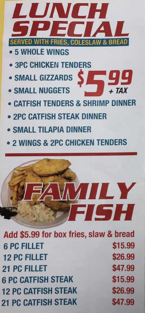 Page 4 of menu, Shark's Fish & Chicken in Conway, AR