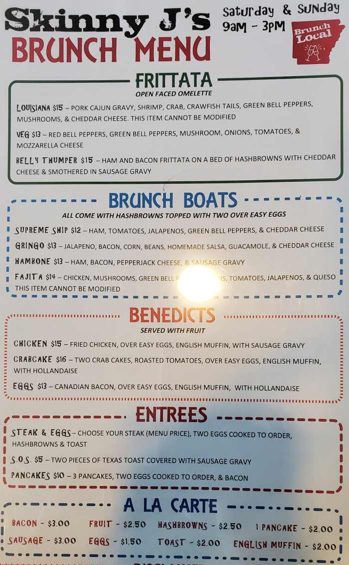 Brunch menu, Skinny J's Conway, AR