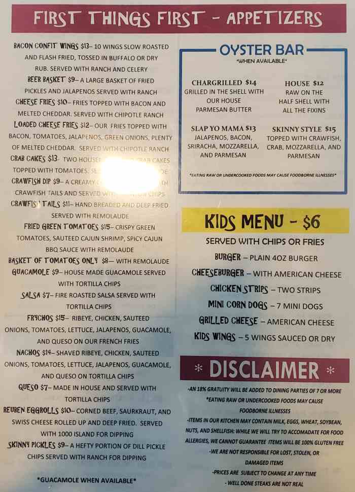 Page 1 of menu, Skinny J's Conway, AR