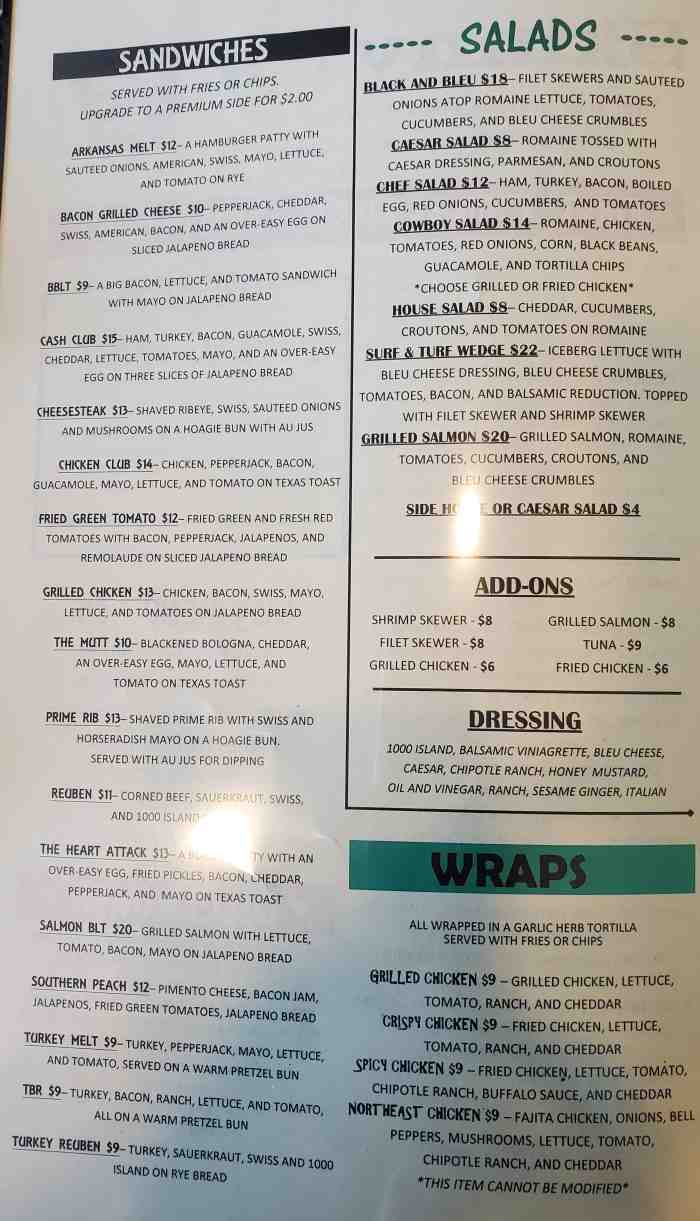 Page 2 of menu, Skinny J's Conway, AR