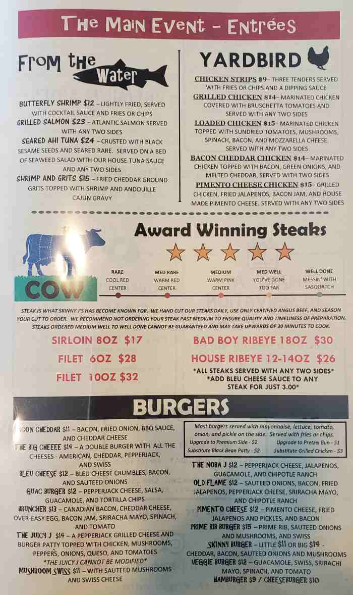 Page 3 of menu, Skinny J's Conway, AR