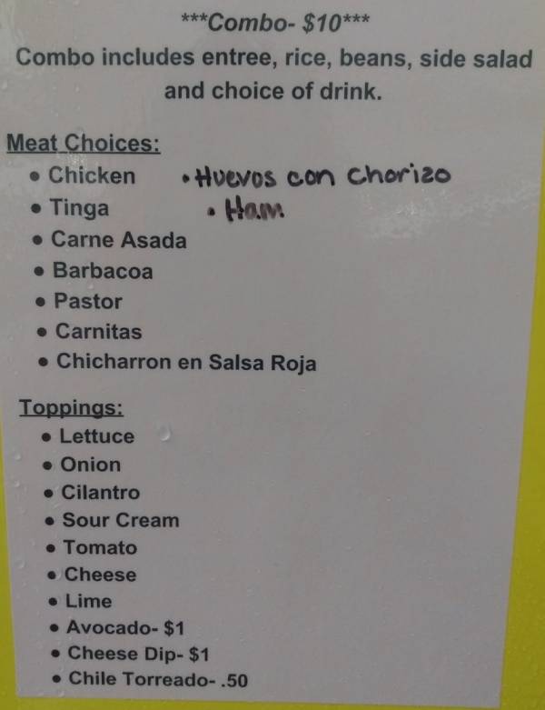 Page 1 of menu, Taqueria Don Manny Conway, AR