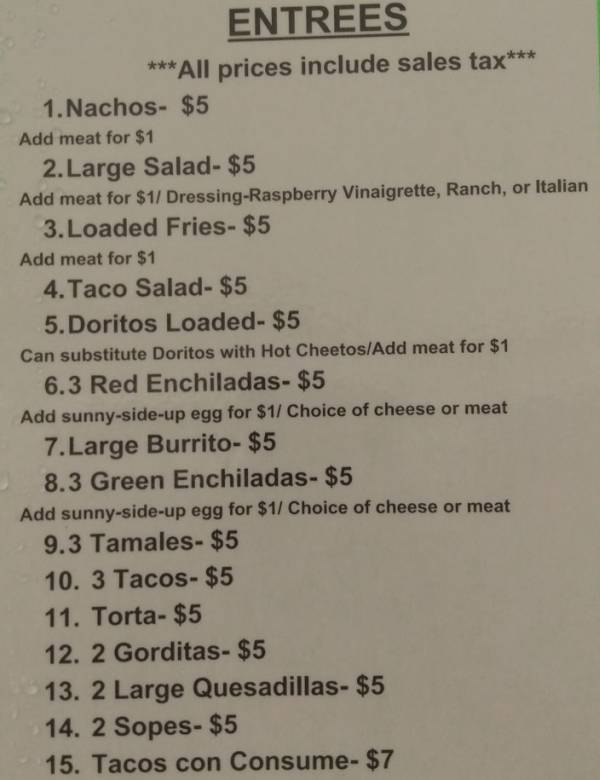 Page 2 of menu, Taqueria Don Manny Conway, AR