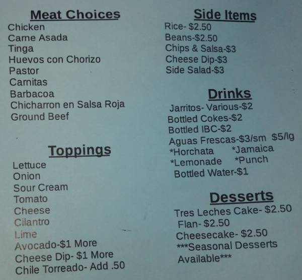 Page 5 of menu, Taqueria Don Manny Conway, AR