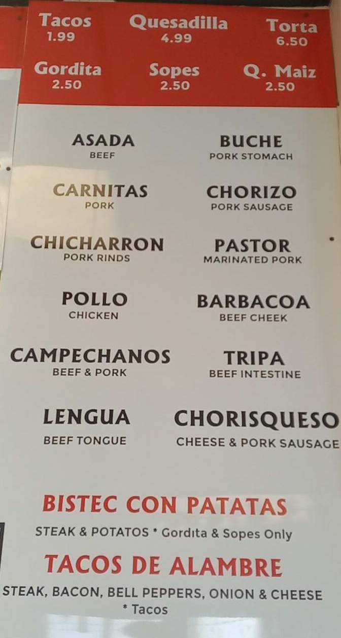 Page 2 of menu, Taqueria el Macho Conway, AR
