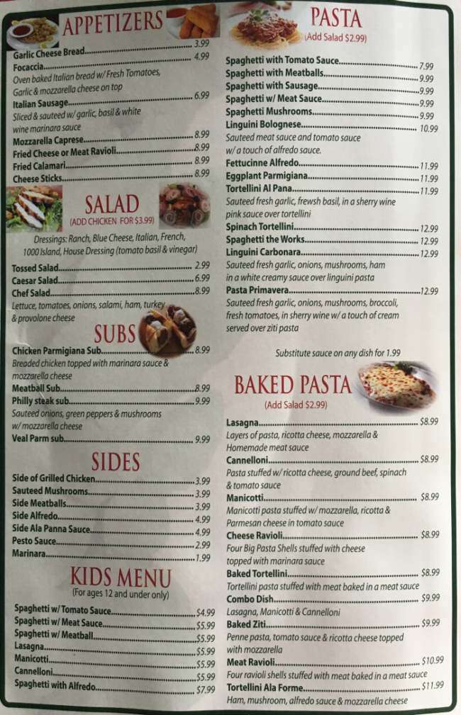 Page 1 of menu, Verona Italian Restaurant in Conway, AR