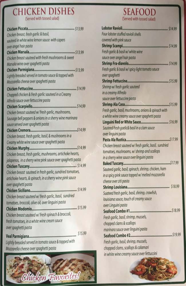 Page 2 of menu, Verona Italian Restaurant in Conway, AR