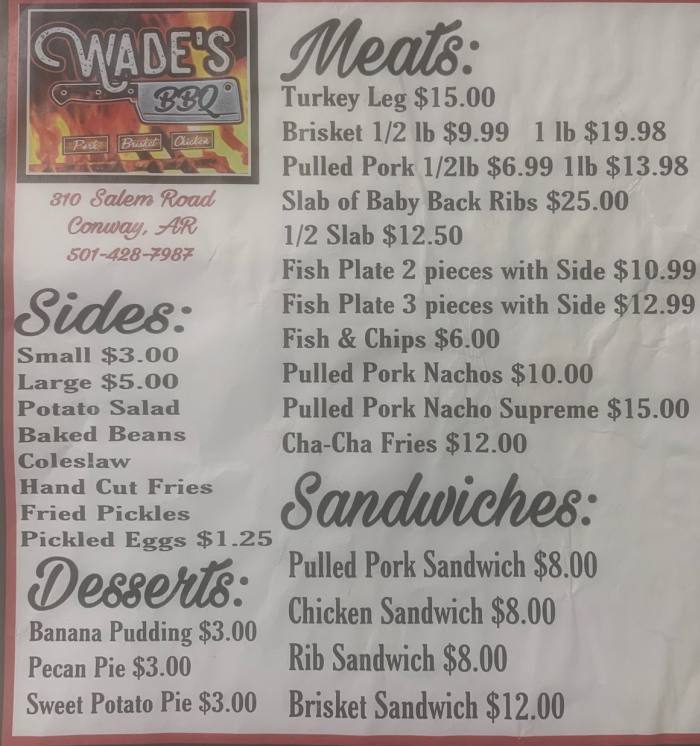 Menu for Wade’s BBQ Conway, AR